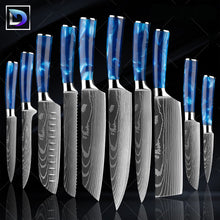 Carregar imagem no visualizador da galeria, Nebula Safira - Jogo de Facas Profissional Japonês 8" Acabamento Aço Damasco - Edição Limitada